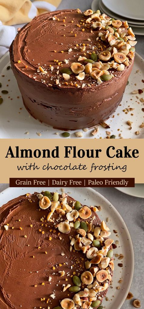 This homemade Paleo vanilla cake is made with almond flour and covered in a dark chocolate frosting. It is grain free, dairy free and refined sugar free - perfect as a healthy Paleo birthday cake or celebratory dessert. #almondflourcake #birthdaycake #paleocake #grainfreecake #vanillacake Paleo Caramel Cake, Allergy Free Cake, Paleo Birthday Cake Recipe, Paleo Bundt Cake, Whole 30 Birthday Cake, Aip Birthday Cake Recipes, Gluten And Dairy Free Cakes, Keto Layer Cake, Paleo Vanilla Cake