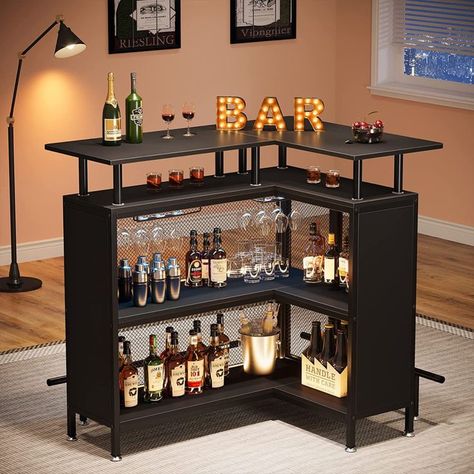 Home bar unit with a powerful storage function. 2-tier storage shelves to can store dozens of spirits, mixers, and 2 built-in stemware racks that hold up to 12 wine glasses or champagne flutes. Home Bar Unit, L Shape Bar, Liquor Cabinet Bar, Bar Table Design, Corner Bar Cabinet, L Shaped Bar, Bar For Home, Coin Bar, Home Bar Cabinet