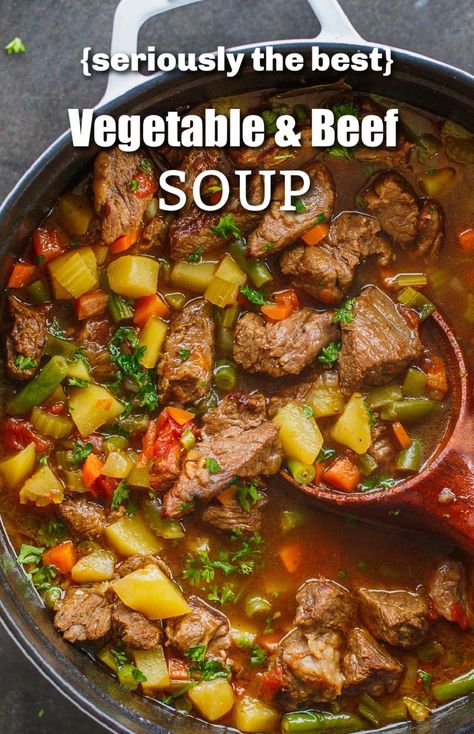 This Vegetable Beef Soup is packed with veggies, tender beef, and potatoes in a tomato beef broth. This easy Vegetable and Beef Soup comes together in one pot. Veg Beef Soup, Easy Vegetable Beef Soup, Homemade Vegetable Beef Soup, Beef Soup Recipes, Veg Soup, Easy Vegetable, Vegetable Beef Soup, Vegetable Soup Recipes, Veggie Soup