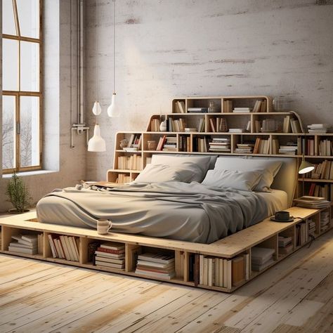 Ecosapiens on Instagram: "Introducing our innovative bed with an integrated bookshelf – a perfect fusion of comfort and convenience. This thoughtfully designed piece seamlessly combines a cozy sleeping space with a functional bookshelf, providing you with easy access to your favorite reads right at your fingertips. Crafted with both style and practicality in mind, this bed not only enhances your bedroom aesthetics but also caters to the needs of avid readers, creating a harmonious haven for relaxation and literary indulgence. Conceptual AI Art Follow @ecosapiens for more!" Book Shelf Bed, Bed With Bookshelves, Book Bed, Wooden Library, Unique Bed Frames, Bookshelf Bed, Bed Nook, Library Bedroom, Theme Beds