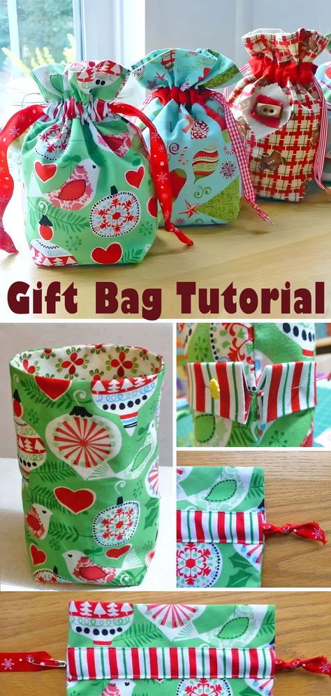 Drawstring Fabric Gift Bag Tutorial.    So Christmas is sneaking up quickly, and I thought you might like a quick and easy Christmas tutorial. How cute are these gift bags? Drawstring Bag Tutorials, Sewing Christmas Gifts, Knitting Amigurumi, Gift Bags Diy, Fabric Gift Wrap, Reusable Gift Bags, Quilted Christmas Ornaments, Easy Diy Gifts, Small Gift Bags