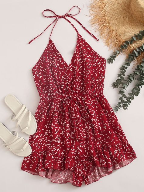 Plus Allover Print Drawstring Halter Romper | SHEIN USA Spaghetti Strap Rompers, Cami Romper, Jumpsuit Casual, Halter Romper, Red Romper, Floral Print Rompers, Floral Cami, Romper Jumpsuit, Cute Rompers