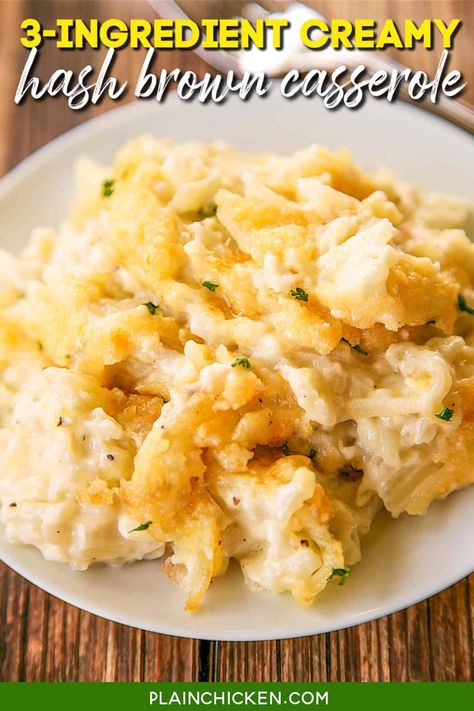 3 Ingredient Creamy Hash Brown Casserole - scalloped potatoes made with frozen shredded hash browns. SO easy to make and they taste amazing. No prep work! Simply dump everything in the pan and bake. Frozen hashbrowns, heavy cream, and parmesan cheese. We like to add garlic too!! A new favorite in our house. Also great for a dinner party. #casserole #potatoes #parmesan #sidedish Creamy Hashbrown Casserole, Easy Scalloped Potatoes Recipe, Hashbrown Casserole Recipe, Frozen Hashbrowns, Thanksgiving Brunch, Chicken Tikka Masala Recipes, Hashbrown Casserole, Shredded Potatoes, Hashbrown Recipes