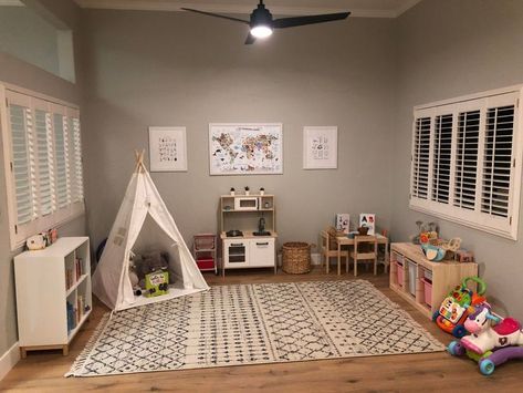 Breakfast Nook Play Area, Converting Dining Room To Playroom, Formal Living Room To Playroom, Playroom Nook In Living Room, Play Corner Ideas Living Room, Formal Living Room Playroom, Play Area In Office, Convert Dining Room To Playroom, Minimalist Play Area In Living Room