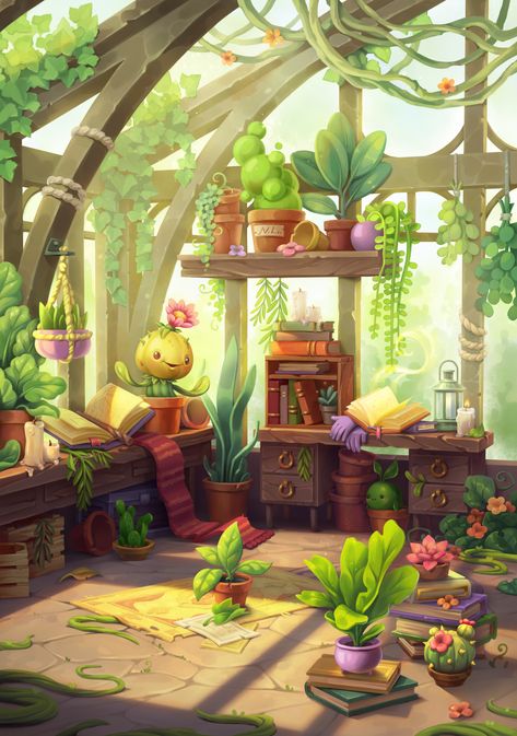 Witch Greenhouse, Green House Concept Art, Fantasy Garden Illustration, Hogwarts Legacy Greenhouse, Garden Concept Art, Greenhouse Concept Art, Fantasy Greenhouse, Summer Prompts, Greenhouse Drawing