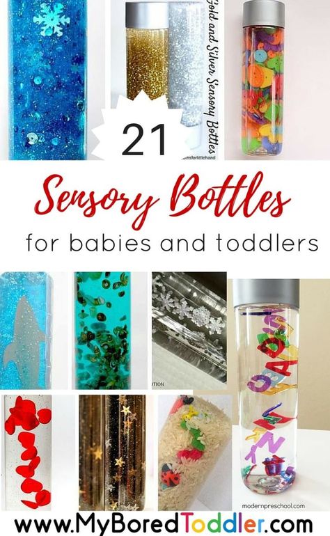 Sensory Bottles for Babies and Toddlers Sensory Bottles For Babies, Sensory Bottles For Toddlers, Baby Zintuiglijk, Discovery Bottles, Sensory Bottle, Sensory Bags, Baby Sensory Play, Toddler Sensory, Bottle Ideas