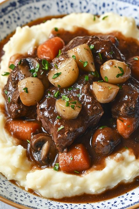 Gluten Free Beef Bourguignon, French Short Ribs, Ree Drummond Beef Bourguignon, Short Rib Beef Bourguignon, Weston A Price Meals, Fancy French Dinner Recipes, Beef Bourguignon Stovetop, Lamb Bourguignon, European Dinner Recipes