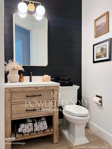 Powder Room Transformation// Our powder room is the smallest room in our entire home so I wanted to make sure to utilize every squ Powder Bathroom Ideas, Farmhouse Powder Room, Small Half Bathroom, Small Half Bath, Kid Bathroom, Half Bath Remodel, Half Bathroom Decor, Powder Room Remodel, Bathroom Accent Wall