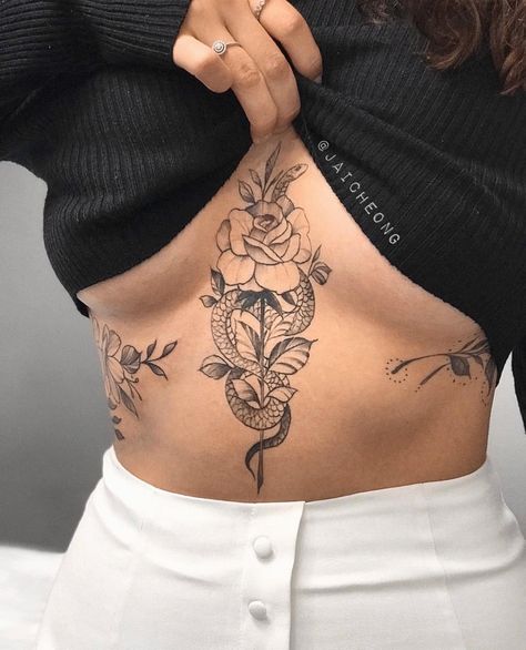 Cute Womens Tattoos Ideas, Back To Stomach Tattoos, Women’s Tattoos On Stomach, Tattoo Ideas Female Belly, Side Piece Tattoos For Women Ribs, Lower Chest Tattoos For Women, Mandala Tattoo Under Breast, Chest Piece Women, Under Breast Tattoo Women