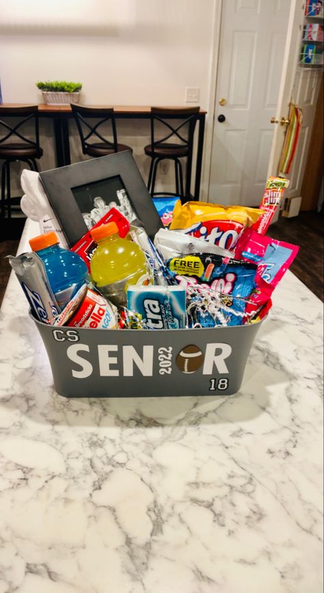 Football Baskets For Boyfriend, Soccer Senior Night Posters, Football Boyfriend Gifts, Football Gift Baskets, Volleyball Senior Night Gifts, Senior Night Football, Soccer Senior Night, Graduation Gift Basket, Volleyball Senior Night