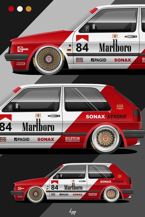 A classic done right. That was my goal: nothing more, nothing less. A carefully constructed and organised Marlboro Livery for the MK2 VW Golf. I also added BBS Turbofans to take this car to the next level. Designed by Livery Magic. Cpm Car Design Ideas, Car Parking Multiplayer Design, Impala Car, Vw Golf Mk2, Car Sticker Ideas, Mobil Off Road, Cool Car Stickers, Livery Design, Car Stripes