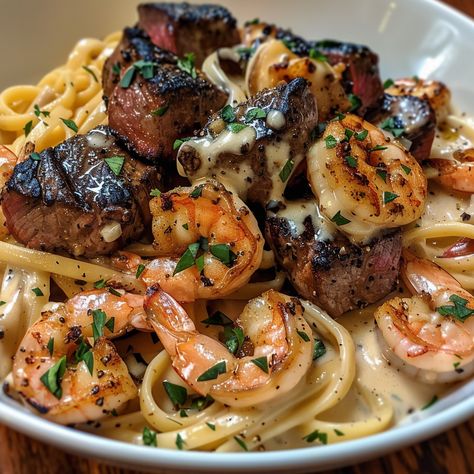 Cooking Blackened Steak and Shrimp Alfredo Steak And Shrimp Alfredo, Shrimp And Steak Alfredo Pasta, Steak Alfredo Pasta, Blackened Steak, Steak Alfredo, Chicken And Shrimp Alfredo, Steak Pasta, Blackened Shrimp, Shrimp Alfredo