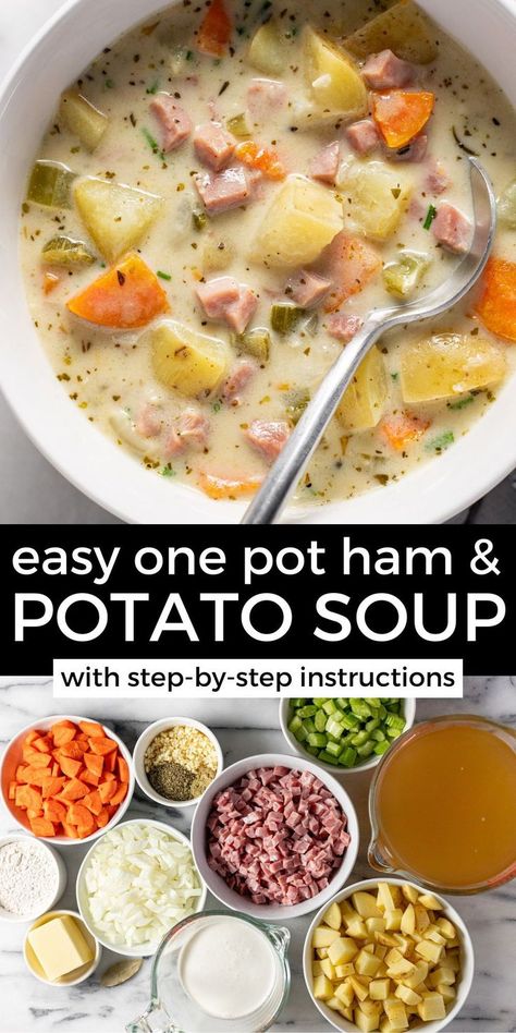 This creamy one-pot ham and potato soup is the perfect way to use up leftover ham from the holidays! It's loaded with tender potatoes, diced ham, and plenty of veggies in a creamy herb-filled broth. It's the perfect cozy dinner for a busy weeknight! Ham Potato Soup, Soup Ham, Potatoes And Ham, Ham Soup Recipes, Ham And Potato Soup, Ham Potato, Night Recipes, Ham Steaks, Creamy Potato Soup