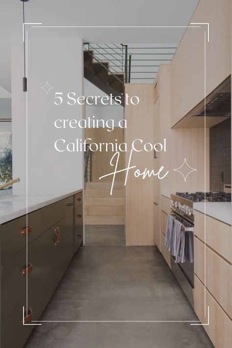 Want to know the secret to creating a home with that Cali-cool feel? Check out this article for more details. #calicool #interiordesign #home #dreamhome #homeinspo #inspiration #inspo #designinspo Cali Casual Living Room, California Aesthetic Home Decor, Malibu Style Interior Design, Cali Cool Interior, Modern California Kitchen, California Decor Style, California Cool Living Room, California Home Aesthetic, California Interior Design Style