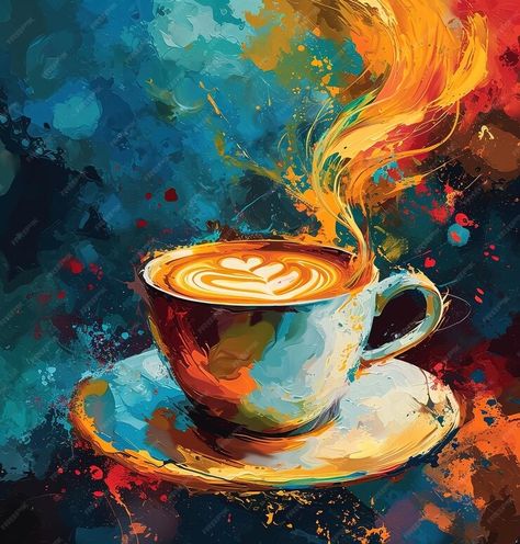 Premium Photo | Symphony of taste vibrant illustration of a steaming coffee cup on a colorful abstract background Coffee Cup Artwork, Simple Coffee Painting Ideas, Coffee Poster Design Graphics, Cafe Illustration Art, Cup Of Coffee Painting, Cup Of Coffee Illustration, Coffee Still Life, Coffee Cup Painting, Coffee Painting Canvas