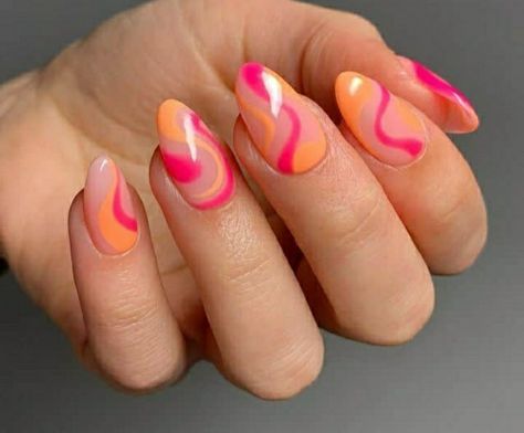 Fun Nail Designs, Almond Nails Pink, Orange Acrylic Nails, Pink Summer Nails, Orange Nail Designs, Orange Nail, Tropical Nails, Summery Nails, Simple Acrylic Nails