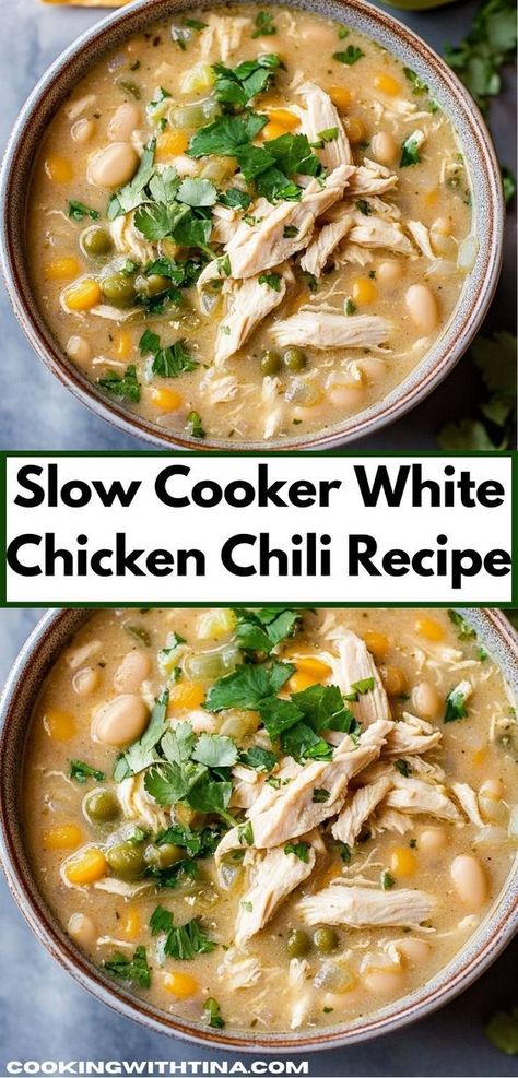 Looking for a comforting dinner idea? This Slow Cooker White Chicken Chili is a flavorful dish that’s easy to prepare, making it a great option for family dinners when you need something quick and satisfying. Slow Cooker White Chili Chicken, Non Dairy Slow Cooker Recipes, Crock Dinner Recipes, Clean Eating White Chicken Chili, Instant Pot Chicken Chili White Beans, Quick Easy Dinner Crockpot, Dairy Free White Chicken Chili Crock Pot, White Chicken Chili Slow Cooker No Dairy, Healthy White Chicken Chili Slow Cooker