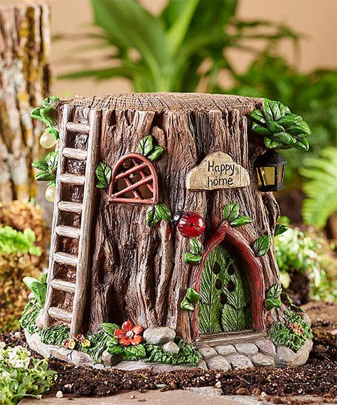 Tree Stump Solar Fairy House   #fairygarden #fairies #ad #fairyhouse #solarpower #ibelieve Fairy Stump, Solar Fairy House, Stump House, Fairy Garden Ideas, Clay Fairy House, Fairy House Diy, Fairy Furniture, Clay Fairies, Fairy Tree