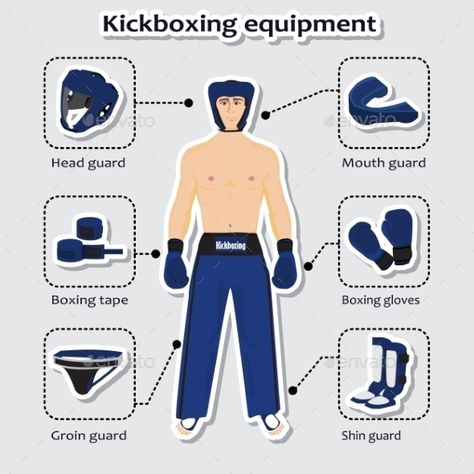 Sport equipment for kickboxing martial arts with sportsman Kickboxing Equipment, Personal Trainer Logo, Fit Body Boot Camp, Martial Arts Equipment, Gym Workout Planner, Sport Equipment, Muay Thai Training, Boxing Bags, Mma Equipment