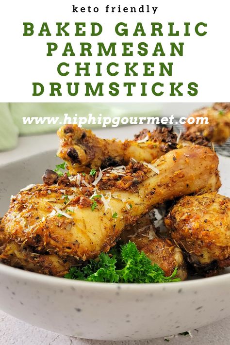 baked chicken drumsticks in a bowl garnished with fresh parsley and parmesan cheese Salt And Pepper Chicken Drumsticks, Quick Easy Drumstick Recipe, Low Carb Chicken Drumsticks, Parmesan Crusted Chicken Drumsticks, Parmesan Chicken Drumsticks Oven Baked, Garlic Chicken Drumstick Recipes, Healthy Crockpot Chicken Drumstick Recipes, Baked Drum Sticks Oven, Keto Drumsticks Recipes