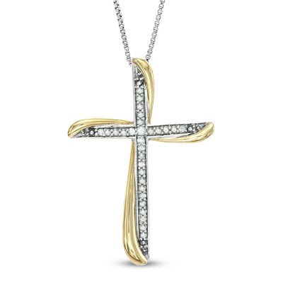 1/8 CT. T.W. Diamond Twist Cross Pendant in Sterling Silver and 14K Gold Plate Cross Accessories, Silver Cross Pendant, Symbolic Jewelry, Diamond Cross Pendants, Local Jewelry, Diamond Cross, Cross Jewelry, Pendant Design, Gold Plated Necklace