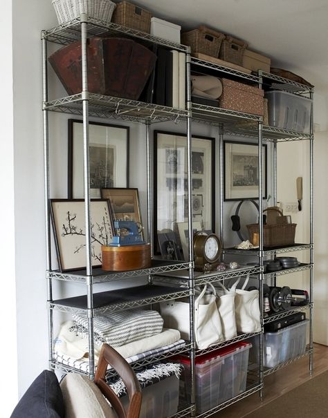 This is what i need for my spare bedroom/gear storage. Love how the made the eye level shelf more decorative. Takes you eye away frm the bins etc. Metro Shelving, Small Shelving Unit, Commercial Shelving, How To Make Metal, Storage Solutions Bedroom, Metal Shelving, Wire Shelving Units, Pantry Wall, Home Storage Solutions