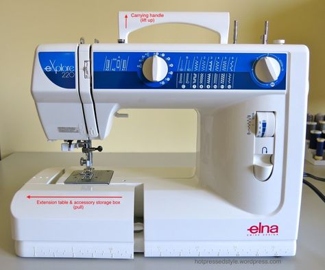 Buying a Sewing Machine: Elna eXplore 220 (previously 2100) | Hot Pressed Style Elna Sewing Machine, Sewing Machine Parts, Extension Table, Machine Parts, Sewing Machines, A Year Ago, Accessories Storage, Just Do It, Sewing Machine