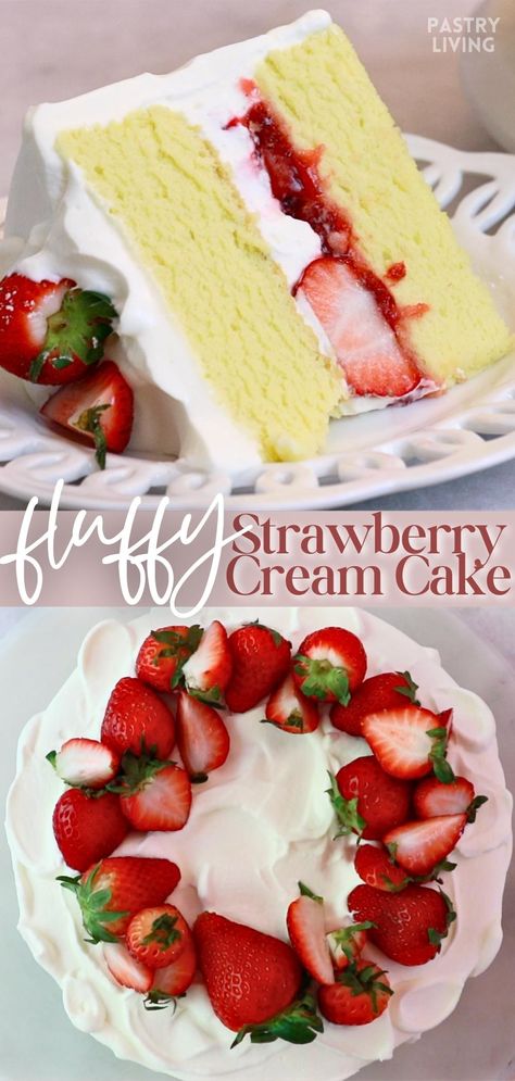 a slice of strawberry cream cake and the whole cake Strawberry Torte Cake, Strawberry And Cream Cake, Cake Picnic, Whipped Cream And Strawberries, Strawberry Cream Cake, Cream And Strawberries, Strawberry Cream Cakes, Strawberry Dessert Recipes, Strawberry Dessert