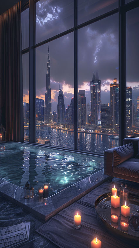 Immerse yourself in modern luxury with this stunning penthouse overlooking the Dubai skyline at night. The sleek grey color palette, black velvet curtains, and cinematic lighting set a moody atmosphere, while candles and fire pits add warmth to the infinity pool balcony. A perfect fusion of elegance and breathtaking views. 🏙️✨ #DubaiLuxury #PenthouseViews #ModernDesign#InfinityPool #SkylineViews #CinematicStyle #MoodyAtmosphere #ModernArchitecture #LuxuryLiving #DubaiNights #InteriorDesignGoals Luxury Hotel Aesthetic Night, Dubai Penthouse Luxury, Dubai Apartment View, Penthouse View Night, Penthouse At Night, Modern City Aesthetic, New York Penthouse Luxury, Nyc Penthouse Aesthetic, Nyc Penthouse Luxury