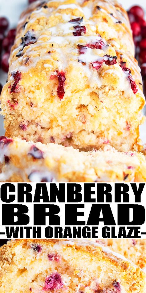 CRANBERRY BREAD RECIPE- Easy cranberry orange bread with orange glaze, homemade with simple ingredients. Loaded with fresh cranberries, oranges, butter. Soft, moist but still firm. Perfect for breakfast, brunch or dessert during Christmas holidays or even Thanksgiving. Can also add banana, pumpkin, apples, nuts, From CakeWhiz. Cranberry Bread With Orange Glaze, Cranberry Bread Recipes, Orange Bread, Thanksgiving Brunch, Cranberry Orange Bread, Holiday Bread, Christmas Bread, Cranberry Bread, Orange Glaze