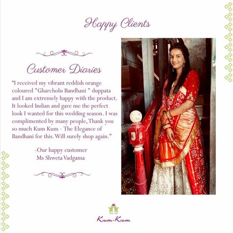 Happy Clients - Customer Diaries Thank You Ms. Shweta Vadgama for trusting our products. We are glad to receive lots of love from you. Keep on shopping with us! #happyclients #happyclient #customersatisfaction #customerdiaries #Customerfeedback #customerdiaries #Parampara #Rituals #tradition #Kumkumbandhani #Kumkum #Bandhej #bhandhejlove #Saree #Weddingcollection #collection #newnormalwedding #kinjalrajpriya #gujaraticelebrities #Gujarat #gujarattourism #Bandhani #newcollection #indianwear #in Happy Clients, Customer Feedback, Lots Of Love, Story Ideas, Instagram Story Ideas, Keep On, Indian Wear, Wedding Season, Customer Satisfaction