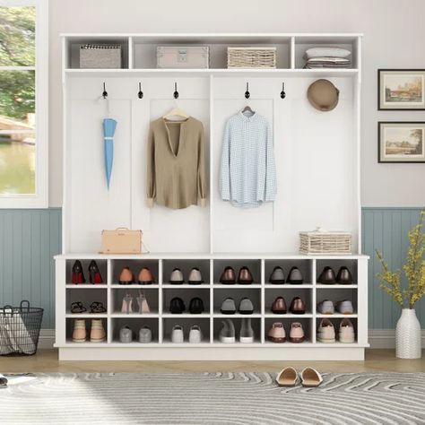 Wildon Home® Tinoco Hall Tree with Shoe Storage | Wayfair Shoe Shelf Mudroom, Built In Bench With Shoe Storage, Mudroom Lockers With Shoe Storage, Built In Coat And Shoe Storage, Laundry Room Shoe Storage Ideas, Backpack And Shoe Storage, Garage Landing Mudroom, Coat And Shoe Storage Entryway, Mudroom Shoe Storage Ideas