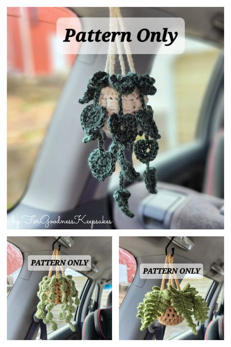 Mini Hanging Car Plant Crochet Patterns Pothos Crochet, Crochet Car Mirror Hanging Pattern, Crochet Hanging Plant For Car Pattern, Crochet Mirror Hanging Pattern, Crochet Car Plant Pattern Free, Car Plant Crochet Pattern, Crochet Car Hanger Pattern, Mini Hanging Plant Crochet, Hanging Car Plant Crochet