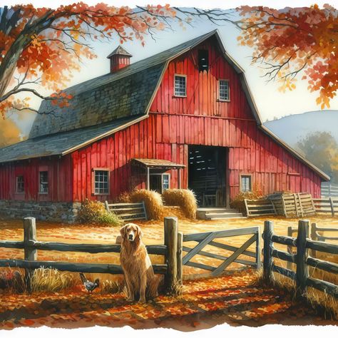 Fall Scenes, Welcome September, Brown City, Free Fall Printables, Barn Wall Art, Fall Clip Art, Fall Images, Barn Painting, Barn Art