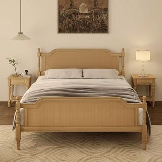 Bed Frame No Box Spring, Rattan Bed Frame, French Provincial Design, Rattan Bed, Cama King Size, Rattan Headboard, Queen Size Platform Bed, French Provincial Style, King Size Bed Frame