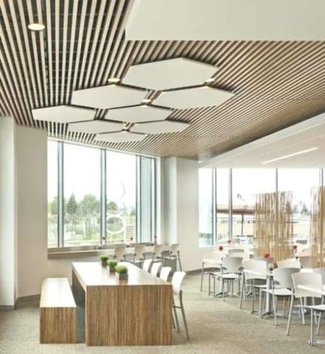 Net Ceiling Design, False Ceiling For Restaurants, Wood Slats Ceiling Design, False Ceiling Design Restaurant, Slatted Ceiling Design, Restaurant Ceiling Design Ideas, High Ceiling Bar Design, Ceiling Designs For Restaurants, Hexagonal False Ceiling