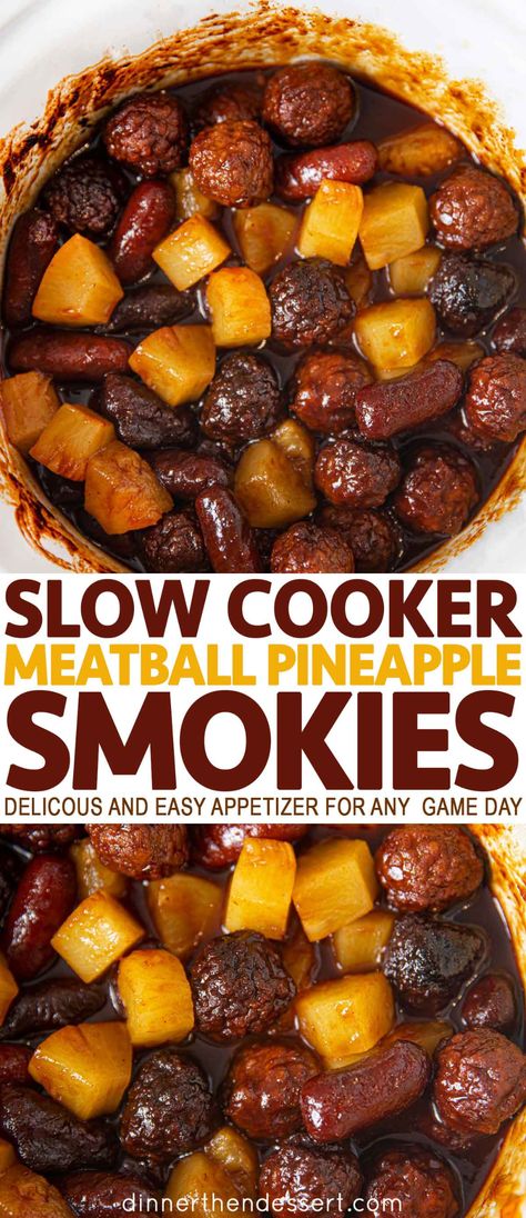 Slow Cooker Meatball Pineapple Smokies are a delicious and easy appetizer. | #party #appetizers #holidays #christmas #thanksgiving #nye #gameday #dinnerthendessert Meatball Pineapple Smokies, Pineapple Smokies, Pineapple Meatballs, Smokies Recipe, Appetizer Party, Slow Cooker Meatballs, Appetizers Easy Finger Food, Best Appetizer Recipes, Finger Foods Easy