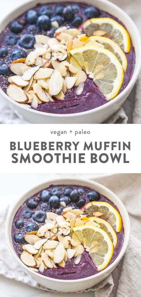 This blueberry muffin smoothie bowl is sweet with a touch of lemon and vanilla, just like a blueberry muffin! This blueberry smoothie bowl takes only 5 minutes and is paleo and vegan. With only 5 ingredients, you'll get addicted to this blueberry muffin smoothie bowl! #vegan #paleo Dessert Crockpot, Chili Bread, Brekky Ideas, Paleo Blueberry Muffins, Smoothies Bowls, Smoothie Bowl Vegan, Blueberry Muffin Smoothie, Blueberry Smoothie Bowl, Diet Smoothies