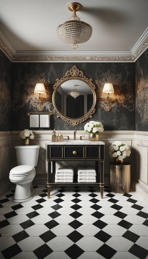 Transform Your Tiny Space: 21 Stunning Half Bath Decor Ideas You’ll Love! 🚿✨ Black And White Tile Floor Bathroom Interior Design, Black Counter Bathroom Decor, Gothic Half Bath, Black Victorian Bathroom, Wainscot Bathroom, Half Bath Decor Ideas, Black Half Bathroom, Bath Decor Ideas, Half Bath Decor