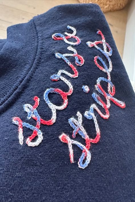 Red, white and blue customized vintage chainstitch swetshiorts and cashmeres. Will it say America? Stars & Stripes...or? Patriotic Clothing, Usa Embroidery, Chain Stitch Embroidery, Paris Olympics, Embroidery Tshirt, Patriotic Outfit, And July, Personalized Embroidery, Diy Clothing