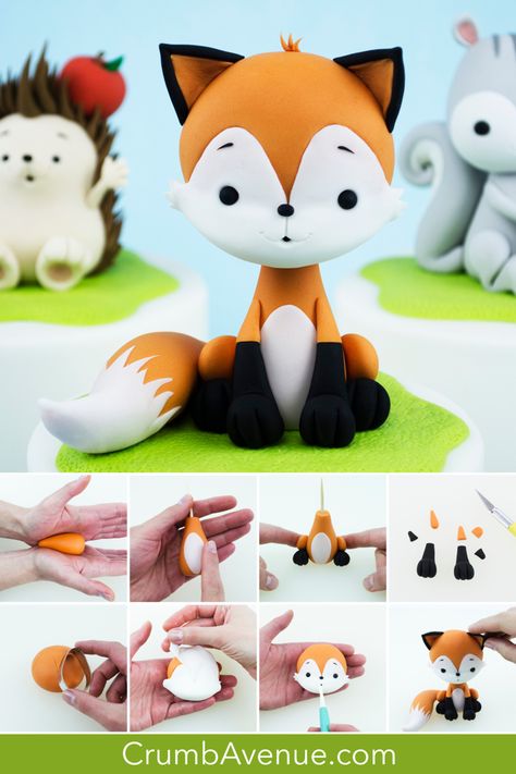 Woodland Animal Cake Toppers, Fondant Woodland Animals Tutorial, Fox Fondant Tutorial, Woodland Fox Cake, Cute Fondant Animals, Fondant Figurines Tutorials, How To Make Fondant Animals, Fondant Animals Step By Step, Woodland Cake Birthday