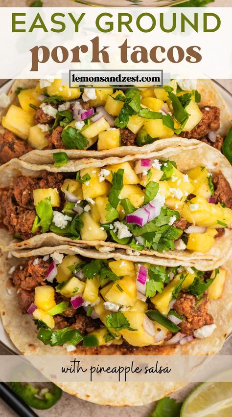 A simple dinner with crispy browned ground pork and a tangy pineapple salsa, these Ground Pork Tacos are a quick and delicious way to get dinner on the table. Whip up this recipe in about 20 minutes and enjoy a dinner with so much flavor! Pork Tacos With Pineapple Salsa, Pork Tacos With Pineapple, Ground Pork Tacos, Tacos With Pineapple Salsa, Tacos With Pineapple, Ground Pork Recipes, Pork Recipes For Dinner, Healthy Mexican, Pork Tacos