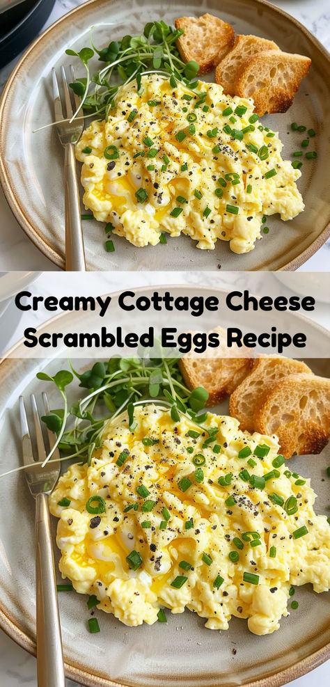 Creamy Cottage Cheese Scrambled Eggs easily. Cottage Cheese Scrambled Eggs, Cheese Scrambled Eggs, Cottage Cheese Recipes Healthy, Cottage Cheese Breakfast, Scrambled Eggs With Cheese, Queso Cottage, Cottage Cheese Eggs, Creamy Scrambled Eggs, Scrambled Eggs Recipe