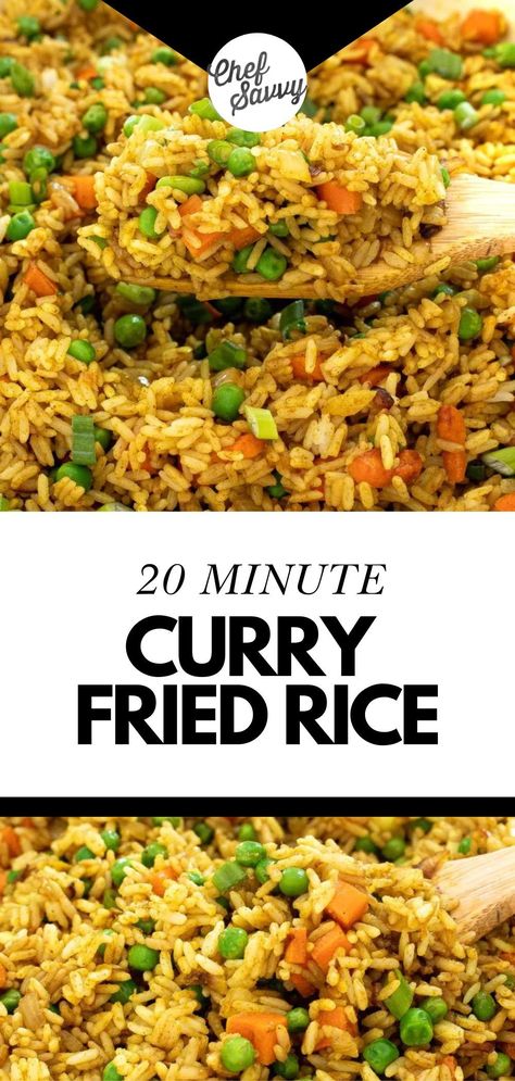 Save this Easy Curry Fried Rice Recipe! Take your Fried Rice up a notch with this Curry Fried Rice! The curry powder adds so much flavor and is a fun twist on traditional fried rice. This Curry Fried Rice is made with leftover white rice, peas, carrots and onions! It makes the perfect side dish to Asian or Indian food! Follow Chef Savvy for more Healthy Family Friendly Recipes! Coconut Curry Fried Rice, Rice Carrot Recipe, Indian Style Rice Recipe, Fried Rice Dishes Recipes, Curried Fried Rice, White Rice And Vegetables, Indian Curry Rice, Homemade Rice A Roni Recipes, Gravy Rice Recipe