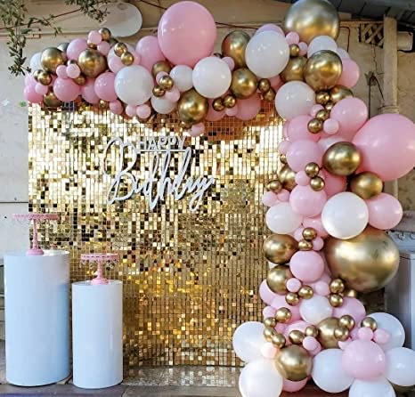 Pink Gold Party, Chrome Balloons, Gold Birthday Party Decorations, Pink And Gold Birthday Party, Pink Gold Birthday, Gold Birthday Decorations, White Garland, Gender Reveal Balloons, Balloon Chain