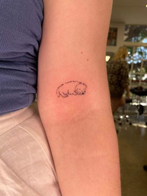 Your Dog Tattoo Ideas, Cute Dog Tattoos Simple, Two Dogs Together Tattoo, Fineline Pet Tattoos, Cute Dainty Dog Tattoos, Goldendoodle Tattoo Ideas Minimalist, Fine Like Dog Tattoo, Curly Dog Tattoo, Tattoos For A Dog