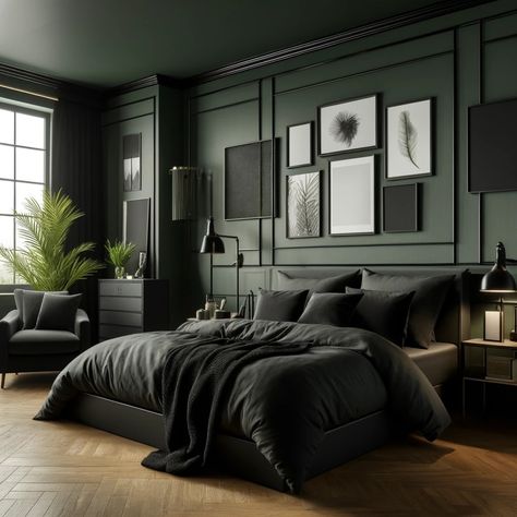 Dark Green and Black Accents Bedroom Modern Dark Green Bedroom, Dark And Moody Green Bedroom, Dark Grey Moody Bedroom, Dark Bedroom Design Ideas, Moody Green Accent Wall Bedroom, Dark Green And Black House, Dark Green And Black Bedroom Ideas, Green Walled Bedroom, 2 Accent Walls In Bedroom