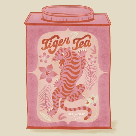 I drew this Tiger Tea illustration because recently, one of my licensees wanted exclusive tiger art. Since my other tiger art pieces were already licensed, I whipped up this custom art just for this licensee. I've been doing this a lot lately—sometimes licensees are okay with just color changes to make something exclusive, and sometimes they want a whole new piece of art. I'm always drawing, so it was a no-brainer to come up with something fun and fresh. I really enjoyed creating it, so it's... Tiger Tea, Tea Illustration, Tiger Drawing, Tiger Illustration, Quirky Illustration, Hand Lettering Art, Lifestyle Illustration, Wine Design, Tiger Art