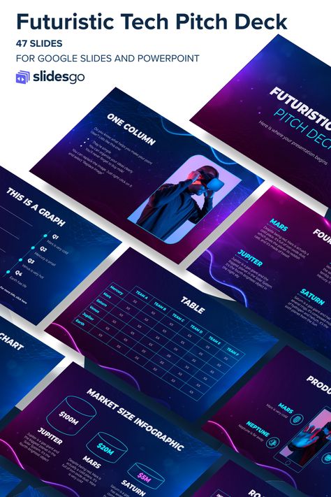 Futuristic Tech Pitch Deck Tech Pitch Deck, Technology Template Powerpoint, Futuristic Powerpoint Template, Investor Pitch Deck Presentation, Competition Slide Pitch Deck, Google Themes, Pitch Presentation, Gas Giant, Futuristic Style