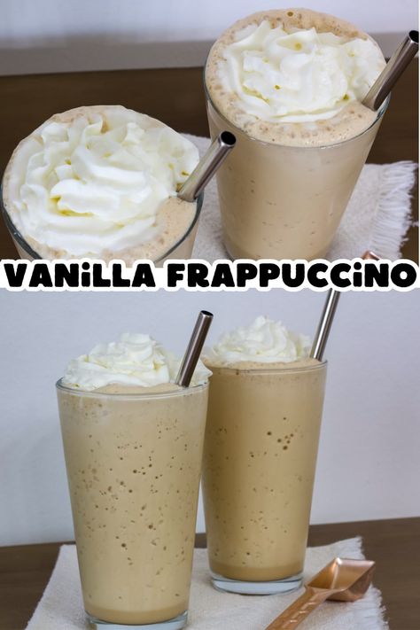 Learn how to recreate the delicious Starbucks Vanilla Frappuccino coffee with this simple recipe. Enjoy a refreshing, cold and creamy drink anytime. Diy Vanilla Frappuccino, Starbucks Vanilla Frappe Recipe, Cafe Vanilla Frappuccino Recipe, Iced Coffee Blender Recipe, Diy Frappucino Coffee, How To Make Vanilla Frappe, French Vanilla Frappuccino Recipe, How To Make A Vanilla Frappe, Starbucks Creme Frappuccino Recipe